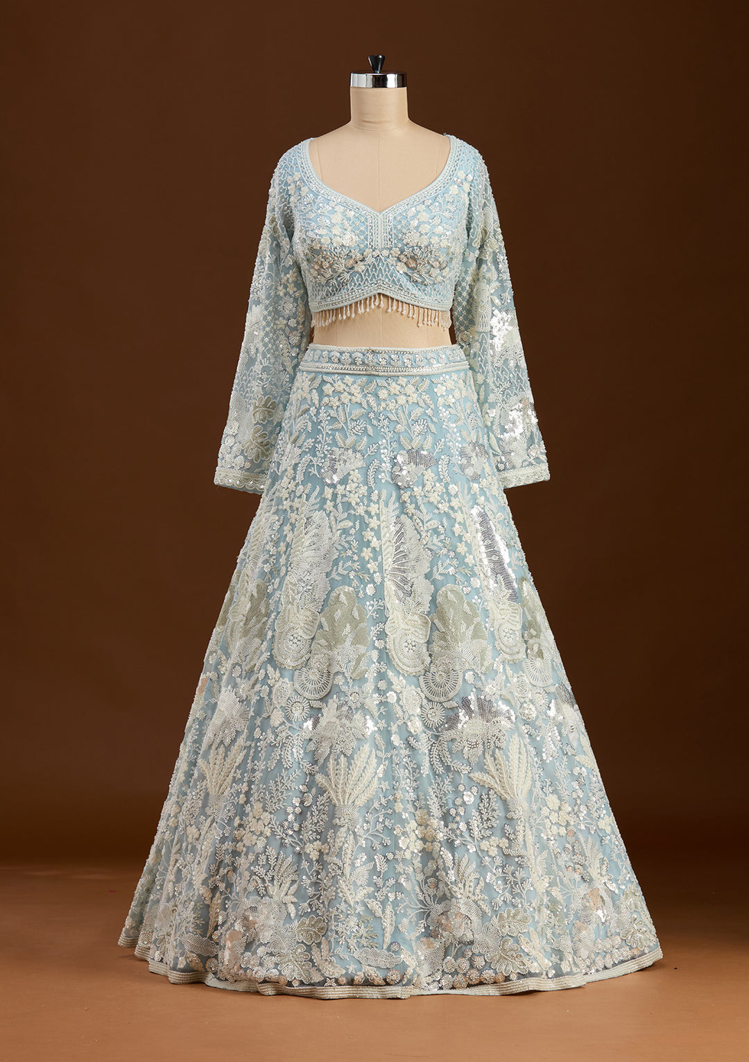 Sky Blue Cutdana Organza Readymade Lehenga