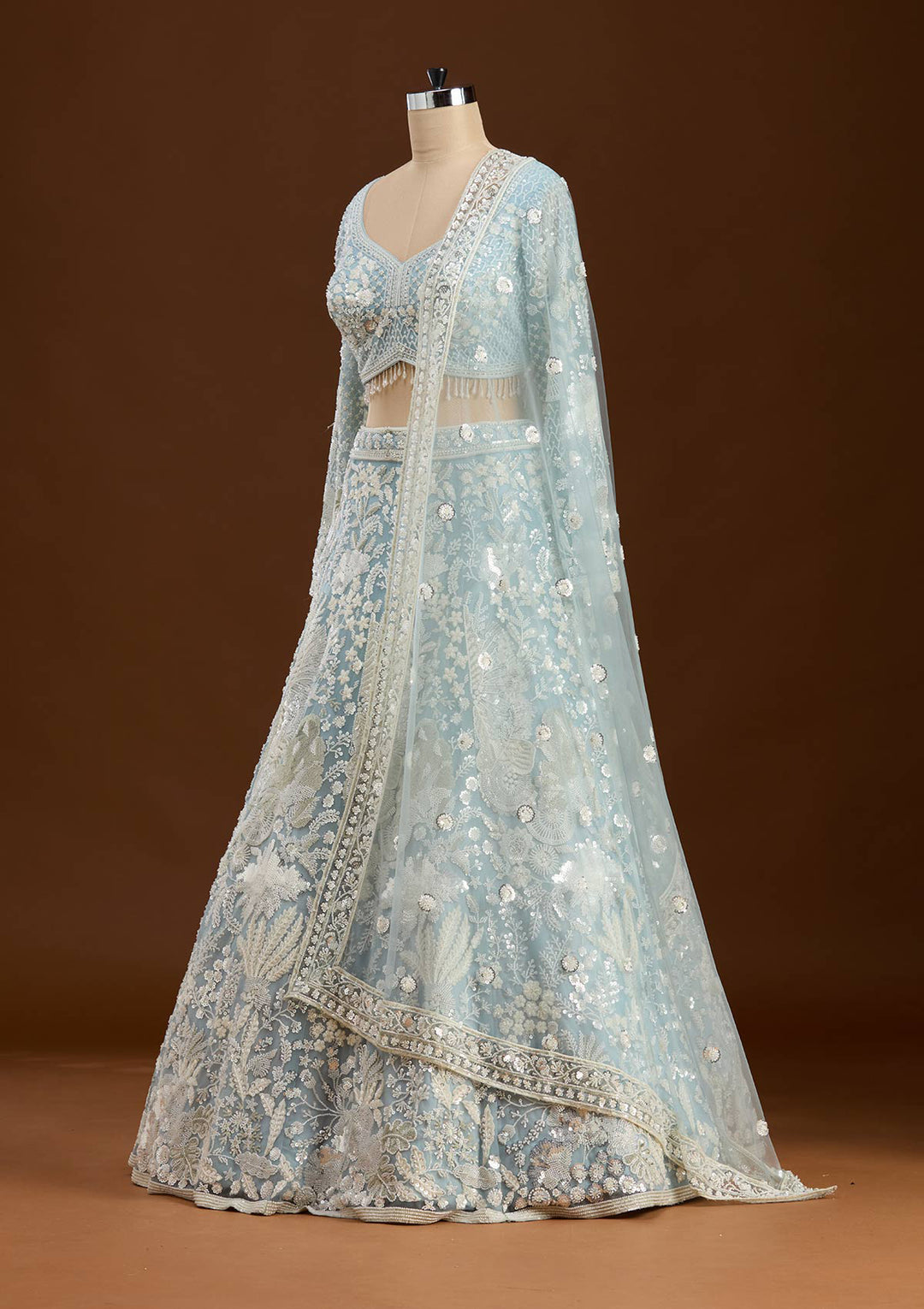 Sky Blue Cutdana Organza Readymade Lehenga