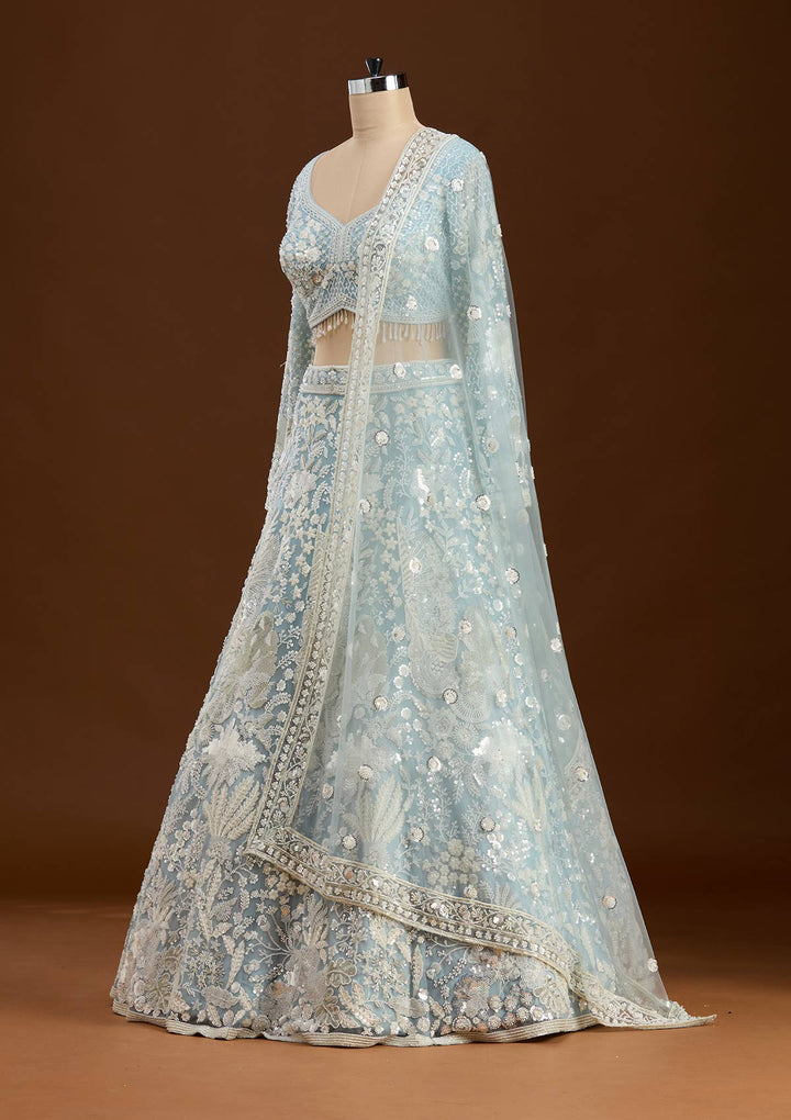 Sky Blue Cutdana Organza Readymade Lehenga