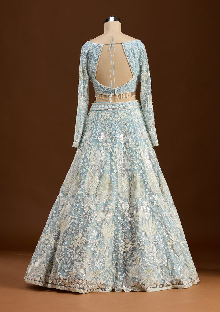Sky Blue Cutdana Organza Readymade Lehenga