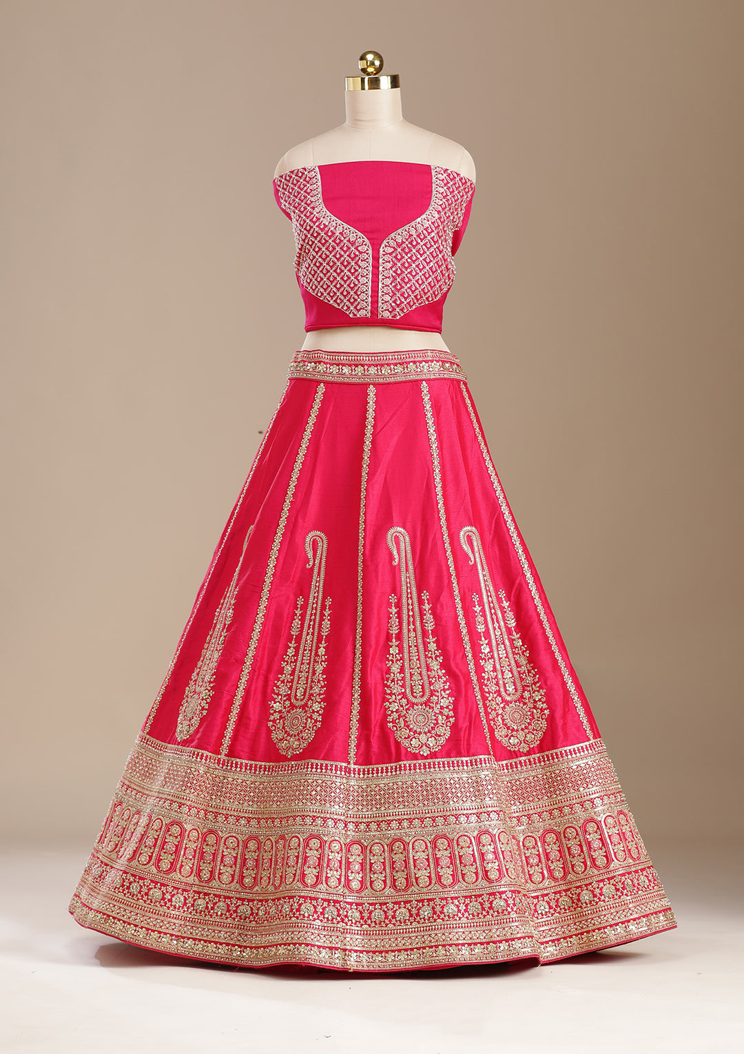 Rani Pink Cording Raw Silk Semi-Stitched Lehenga