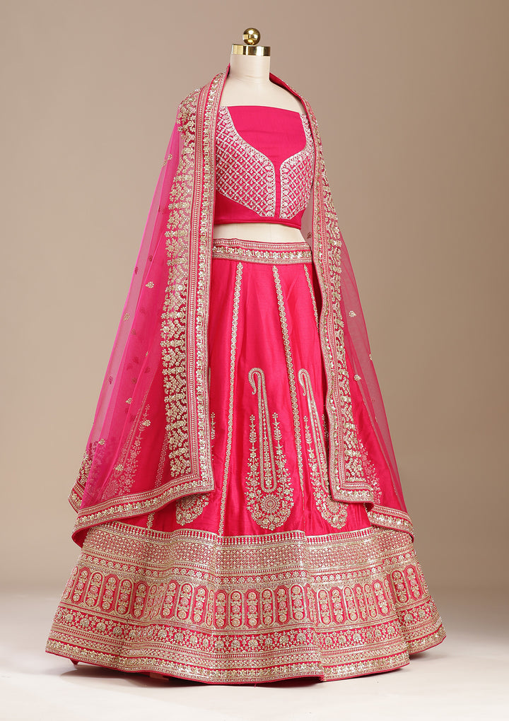 Rani Pink Cording Raw Silk Semi-Stitched Lehenga
