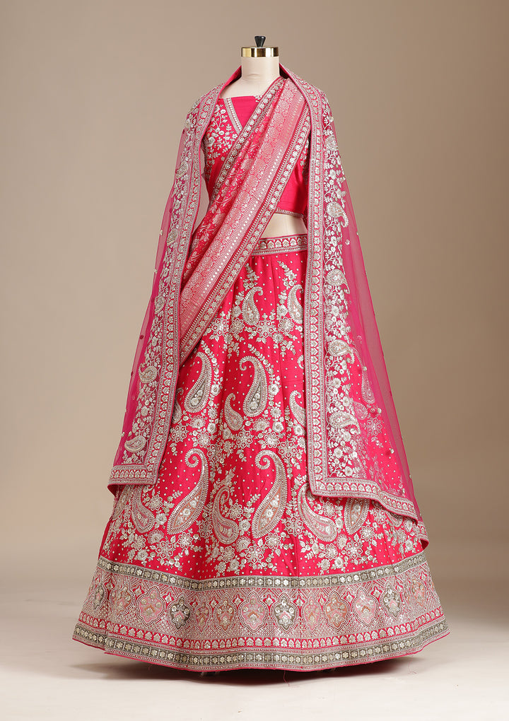 Rani Pink Cording Raw Silk Semi-Stitched Lehenga