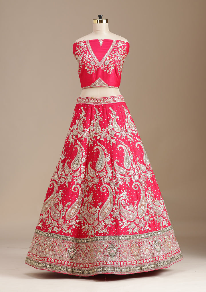 Rani Pink Cording Raw Silk Semi-Stitched Lehenga
