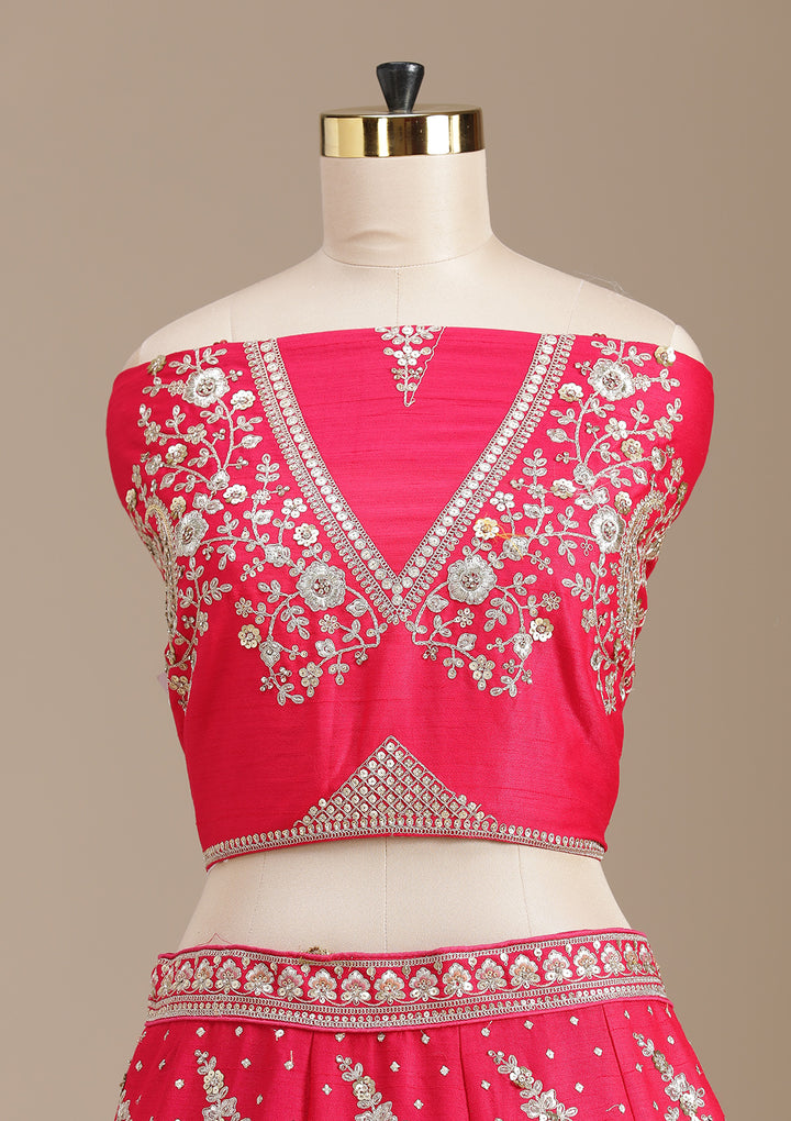 Rani Pink Cording Raw Silk Semi-Stitched Lehenga