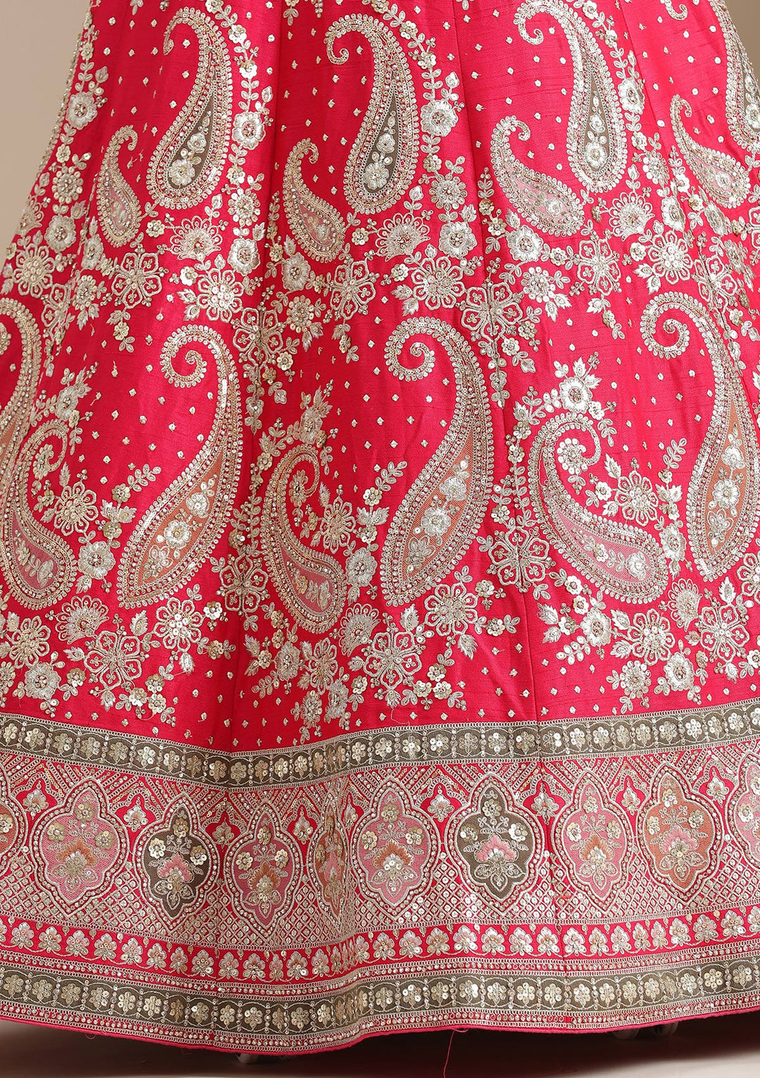 Rani Pink Cording Raw Silk Semi-Stitched Lehenga