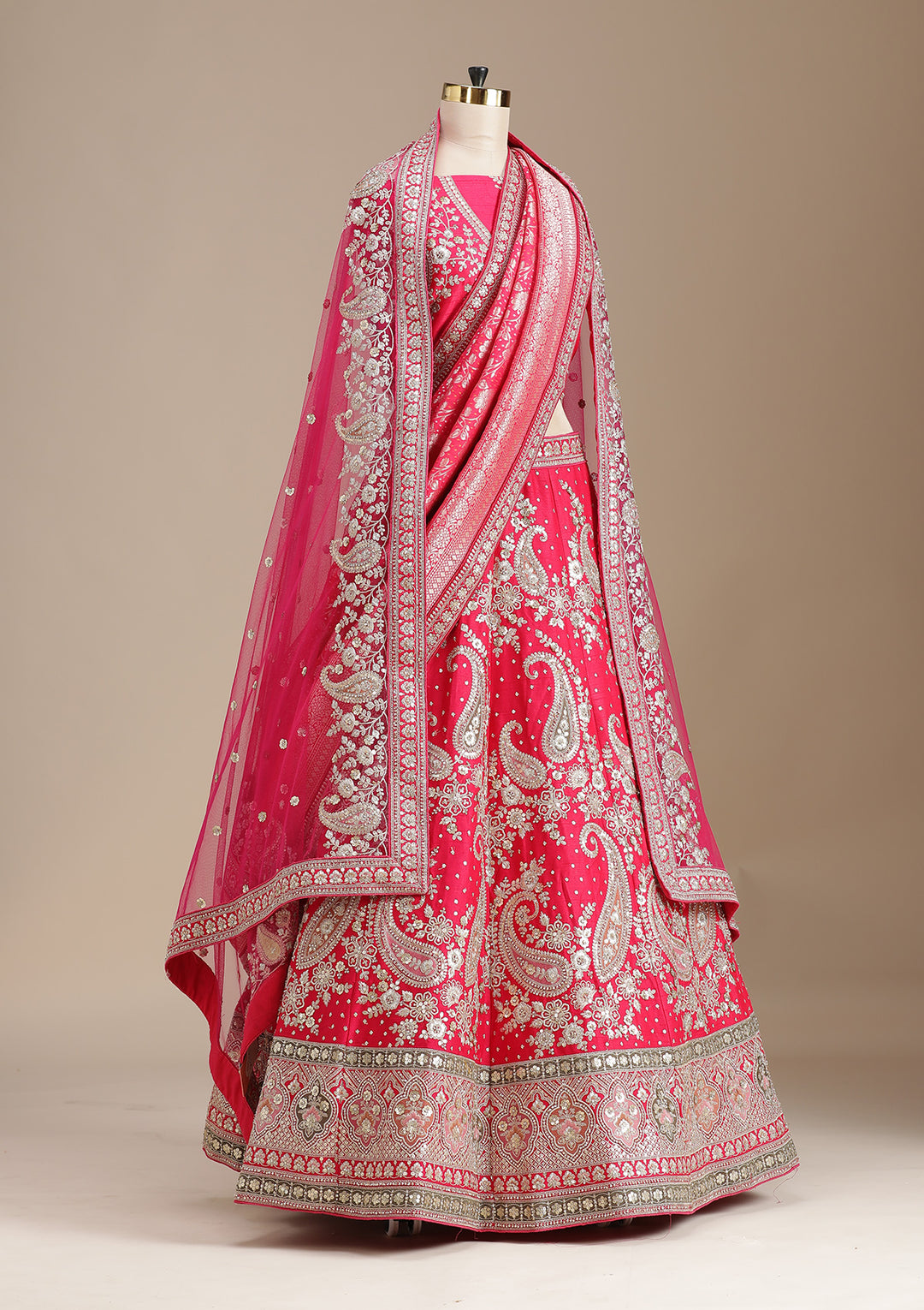 Rani Pink Cording Raw Silk Semi-Stitched Lehenga