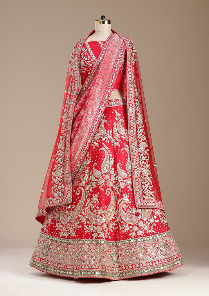 Red Cording Raw Silk Semi-Stitched Lehenga