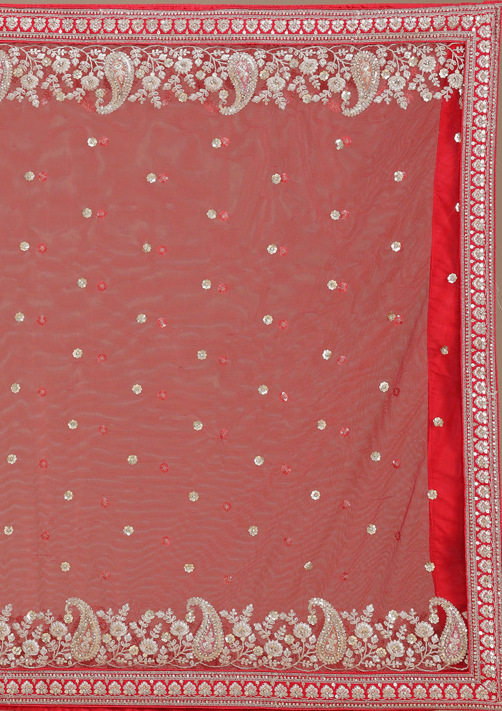 Red Cording Raw Silk Semi-Stitched Lehenga