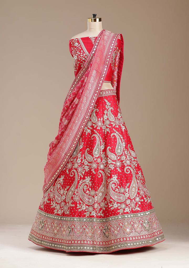 Red Cording Raw Silk Semi-Stitched Lehenga