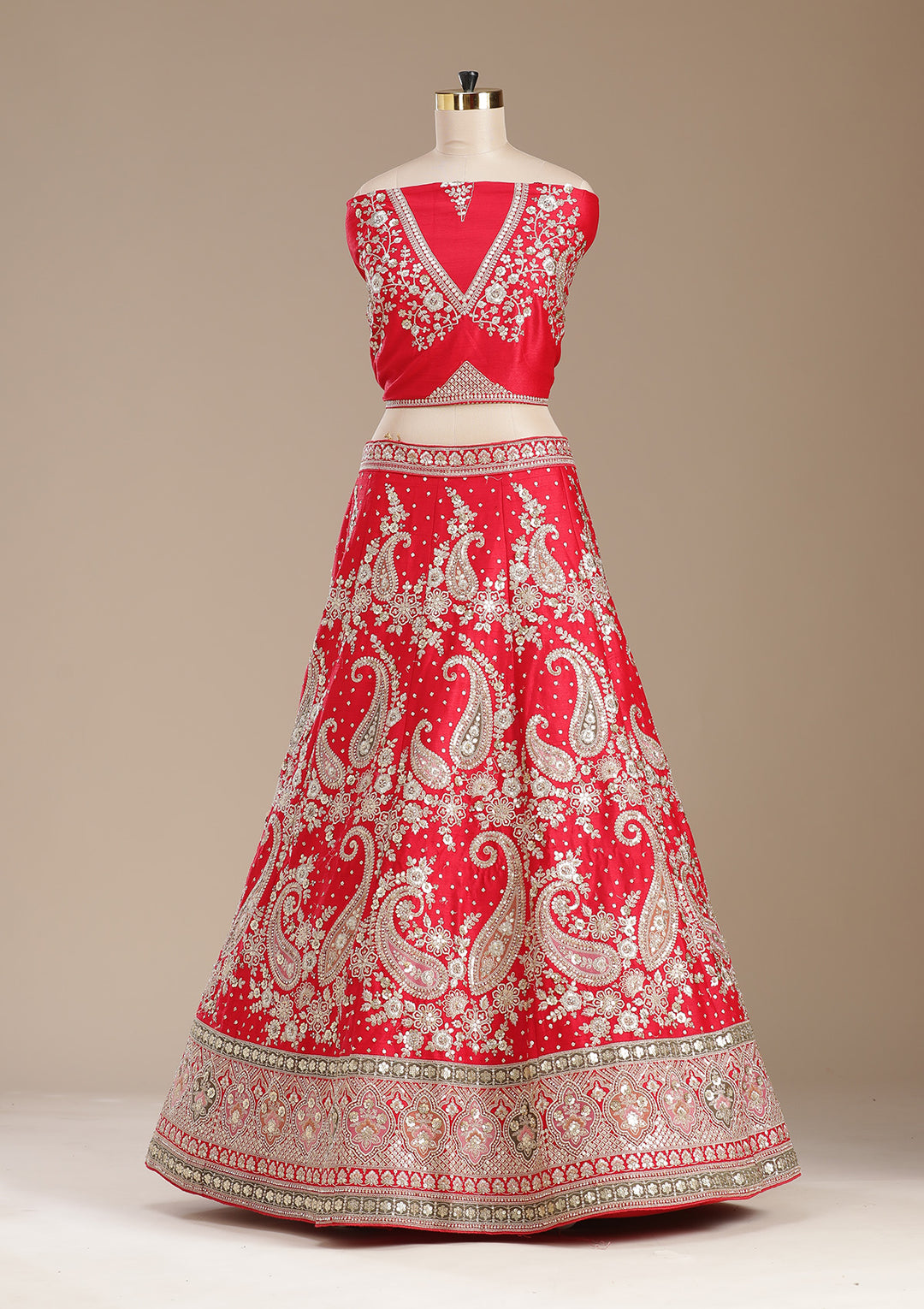 Red Cording Raw Silk Semi-Stitched Lehenga