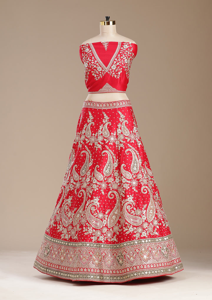 Red Cording Raw Silk Semi-Stitched Lehenga