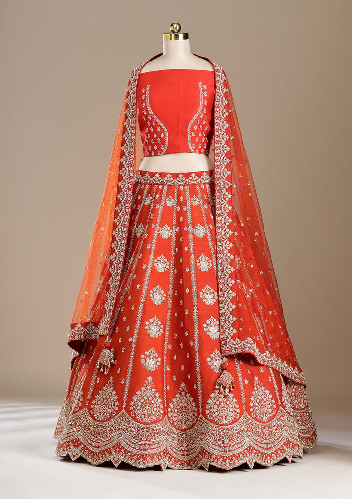 Rust Zardozi (Gold) Raw Silk Semi-Stitched Lehenga