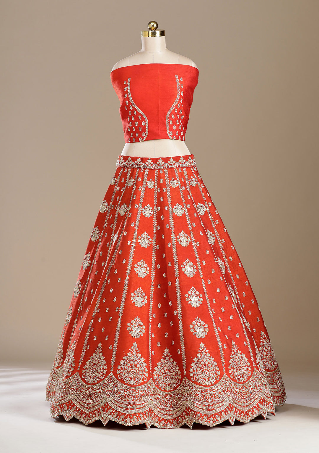 Rust Zardozi (Gold) Raw Silk Semi-Stitched Lehenga