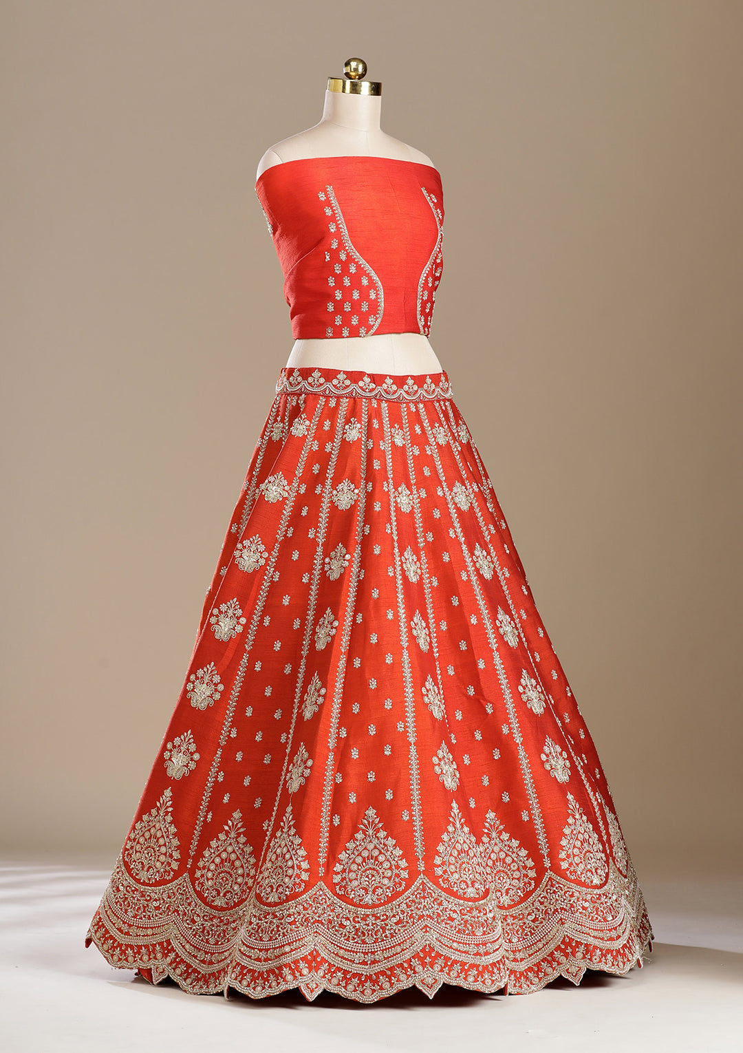 Rust Zardozi (Gold) Raw Silk Semi-Stitched Lehenga