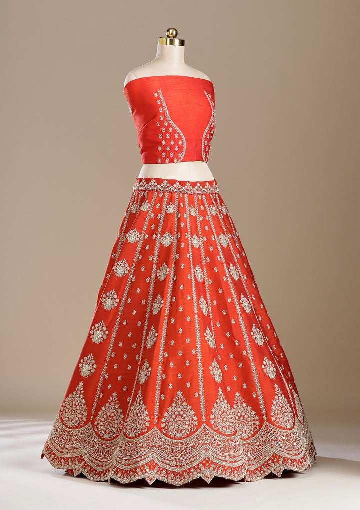 Rust Zardozi (Gold) Raw Silk Semi-Stitched Lehenga