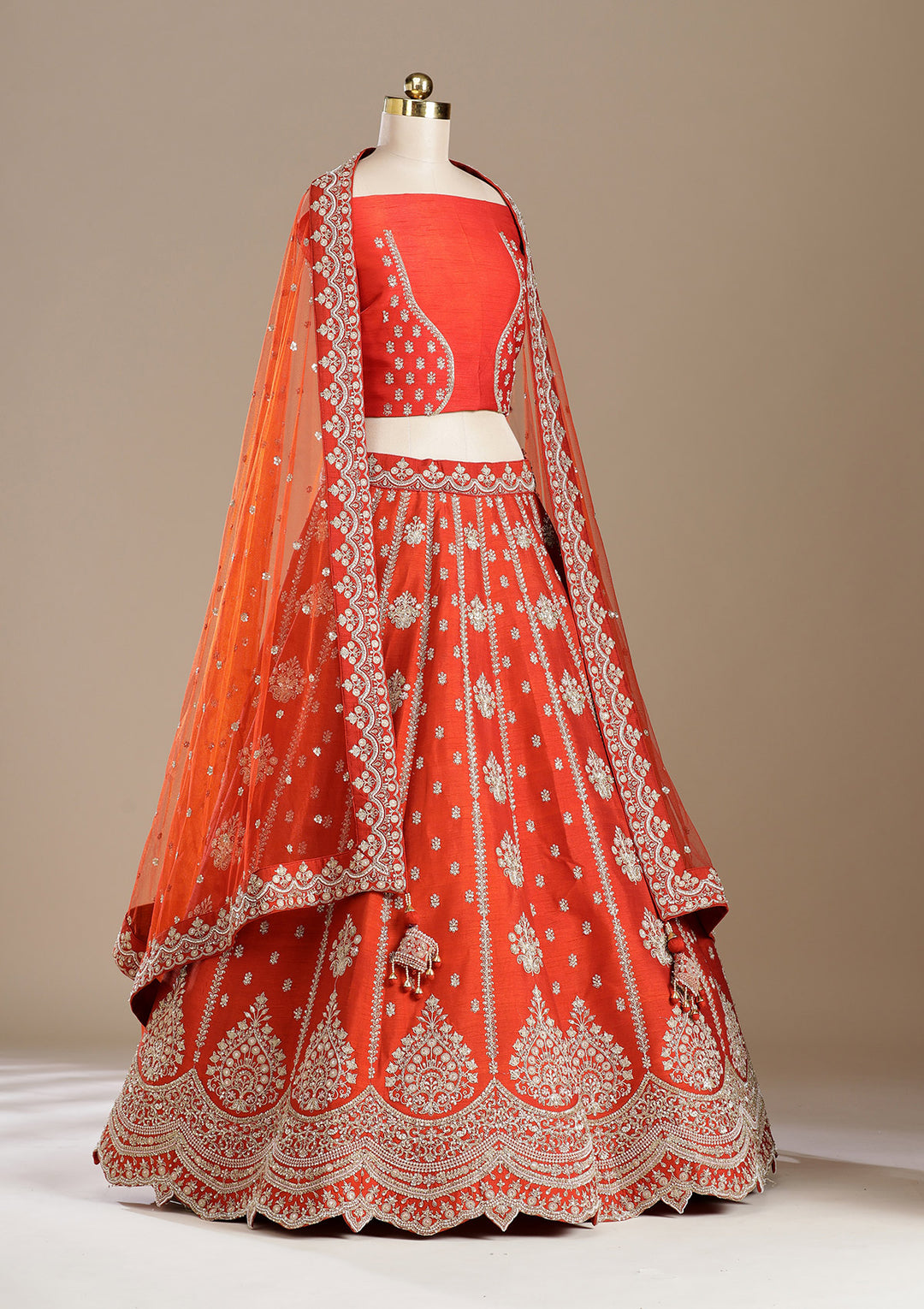 Rust Zardozi (Gold) Raw Silk Semi-Stitched Lehenga