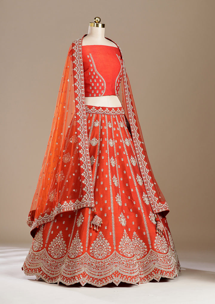 Rust Zardozi (Gold) Raw Silk Semi-Stitched Lehenga