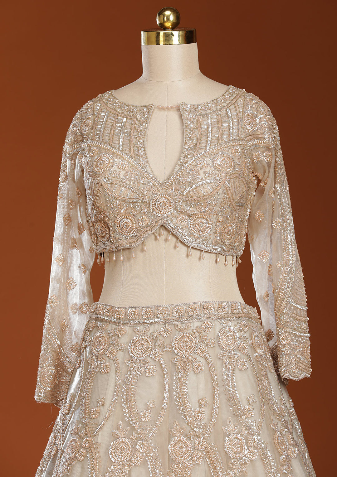 Beige Cutdana Net Readymade Lehenga