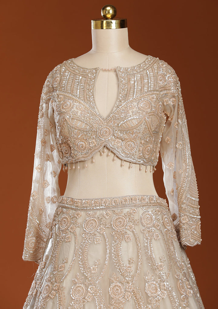 Beige Cutdana Net Readymade Lehenga