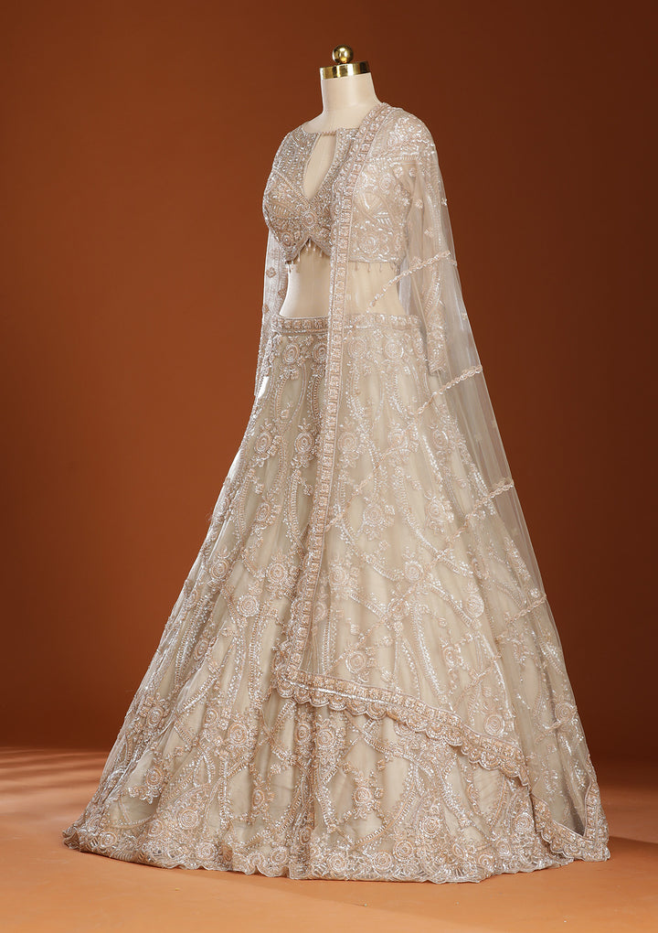Beige Cutdana Net Readymade Lehenga
