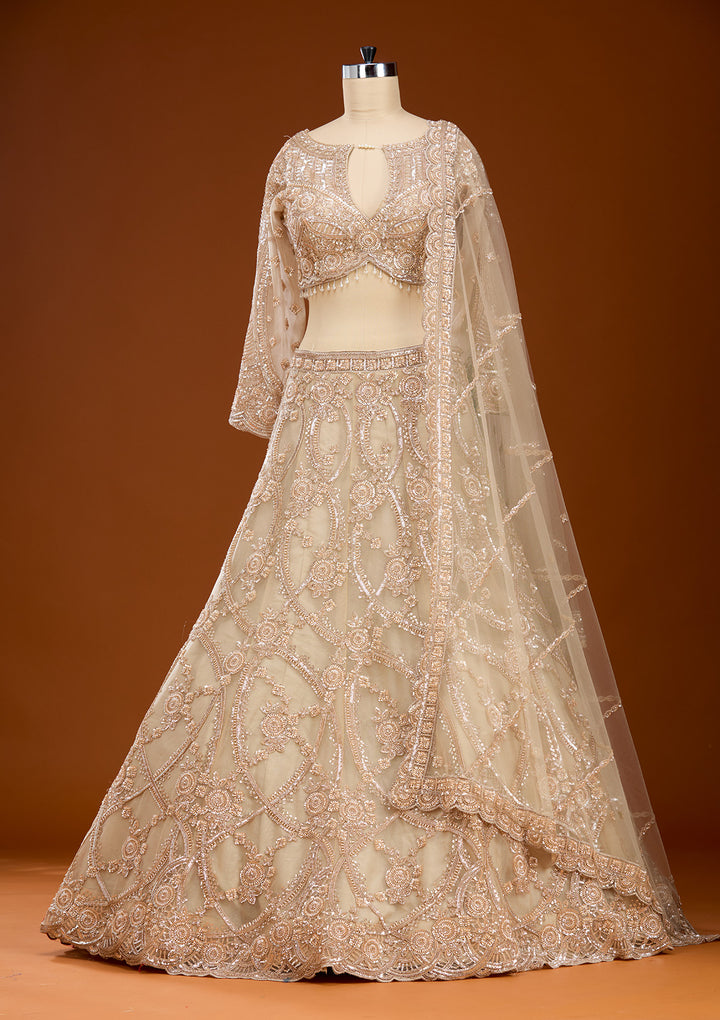 Cream Cutdana Net Readymade Lehenga