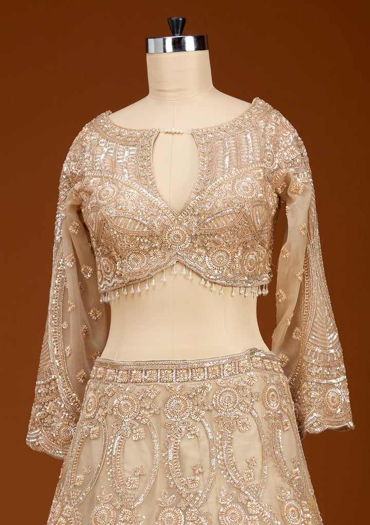 Cream Cutdana Net Readymade Lehenga