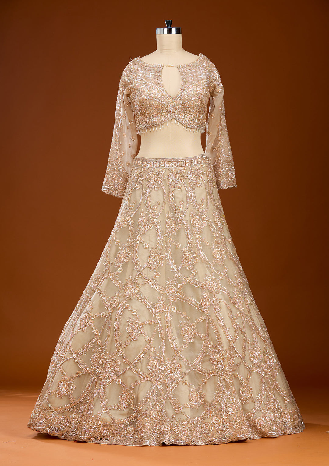 Cream Cutdana Net Readymade Lehenga