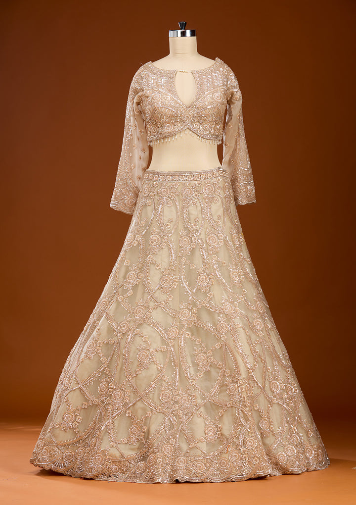 Cream Cutdana Net Readymade Lehenga