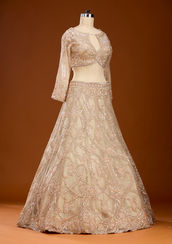 Cream Cutdana Net Readymade Lehenga
