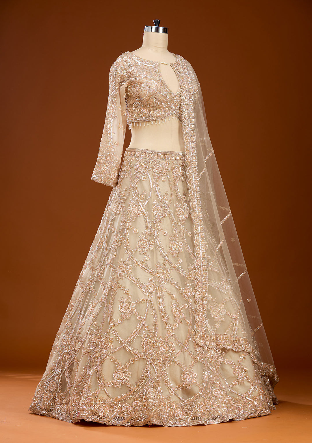 Cream Cutdana Net Readymade Lehenga