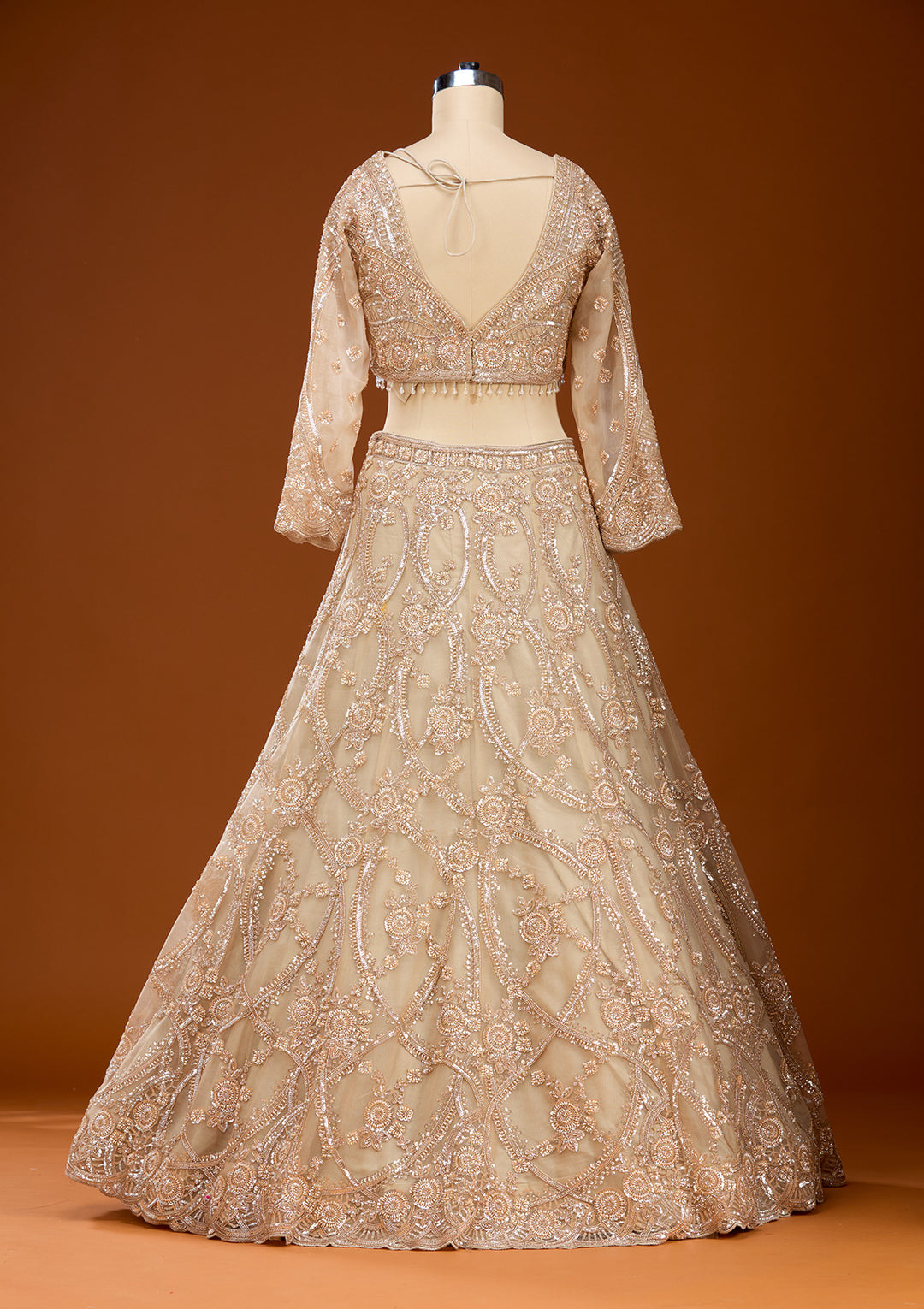 Cream Cutdana Net Readymade Lehenga