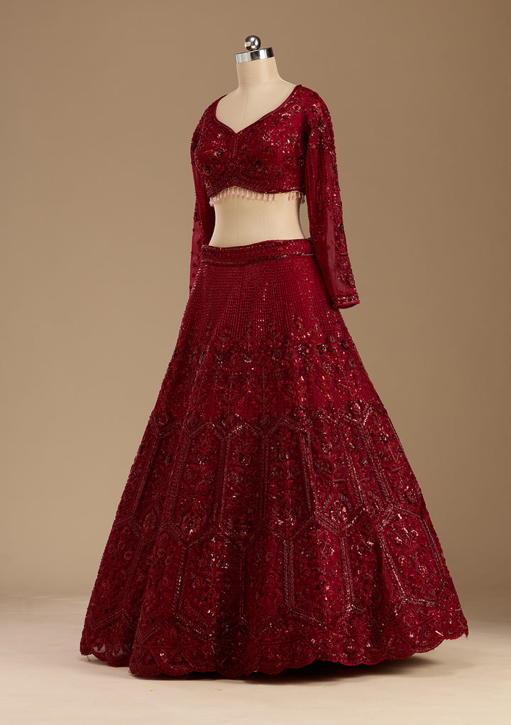 Maroon Cutdana Net Readymade Lehenga