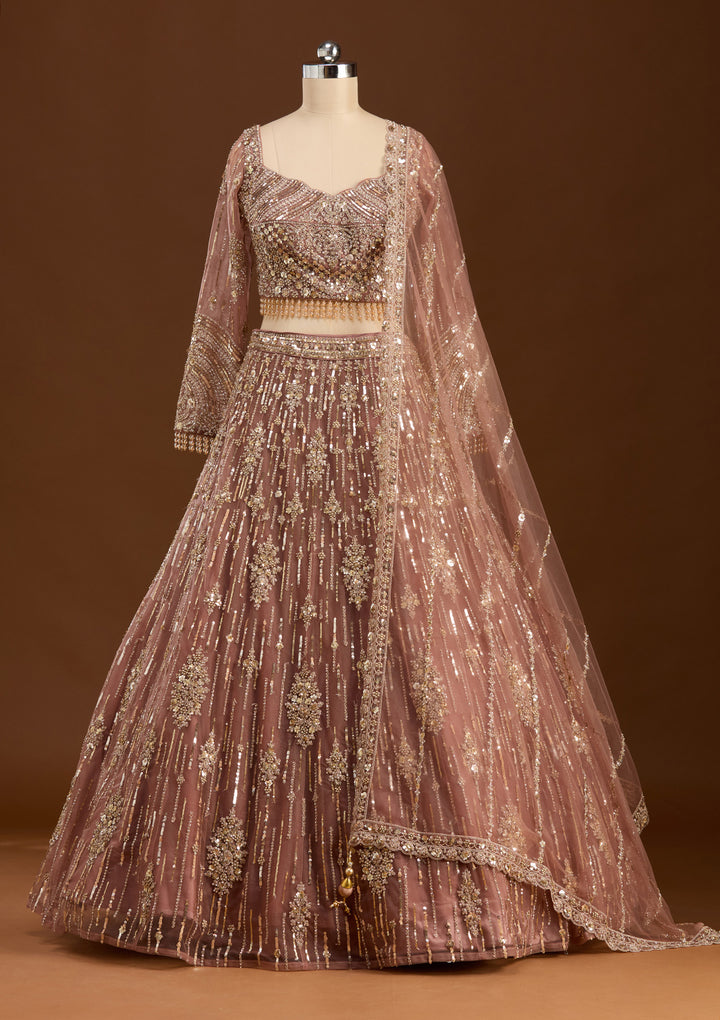Brown Sequins Net Readymade Lehenga