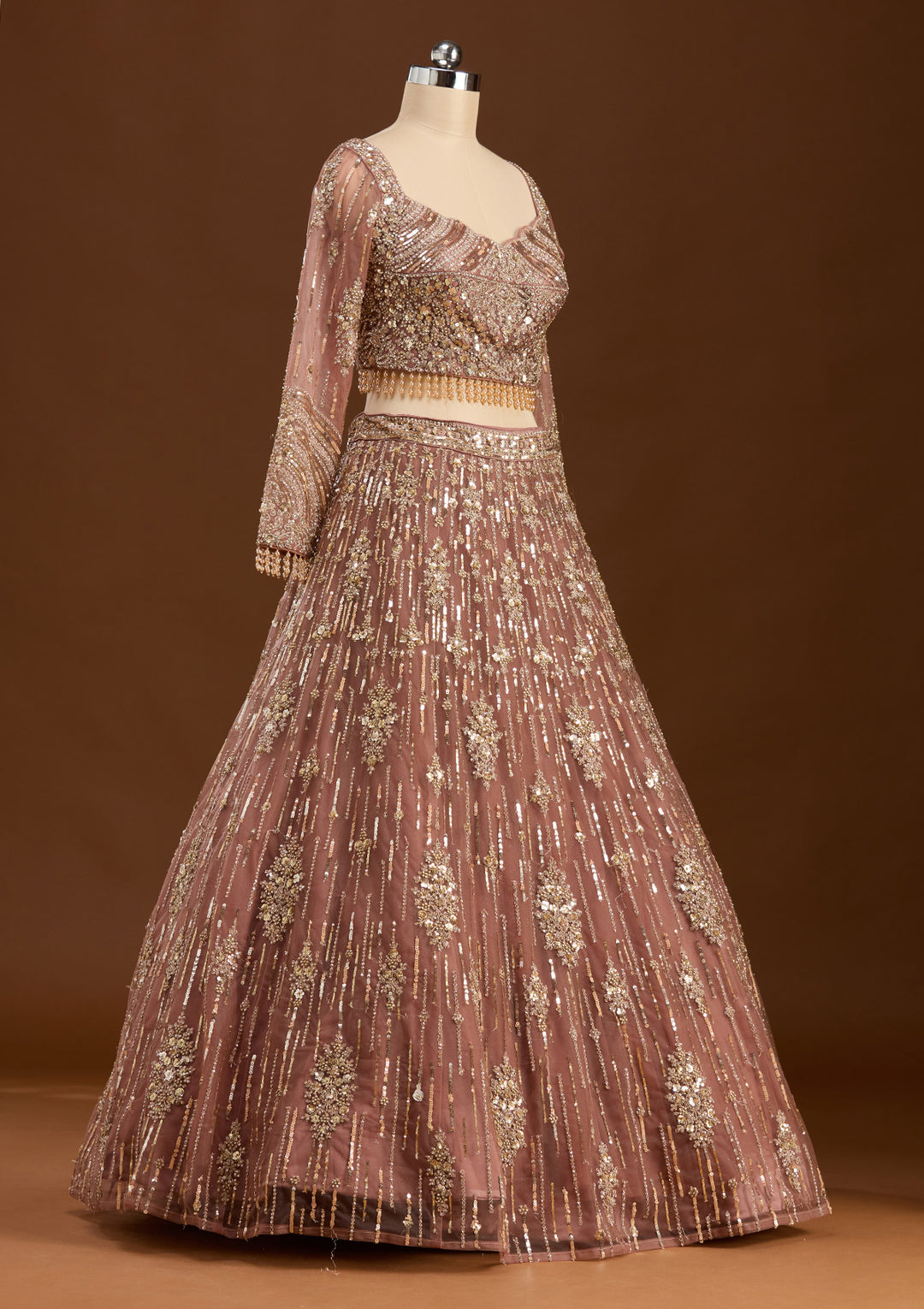 Brown Sequins Net Readymade Lehenga