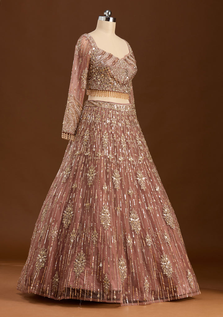 Brown Sequins Net Readymade Lehenga