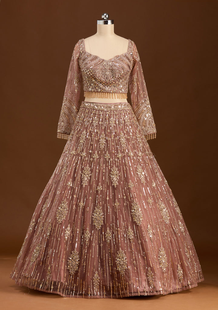 Brown Sequins Net Readymade Lehenga