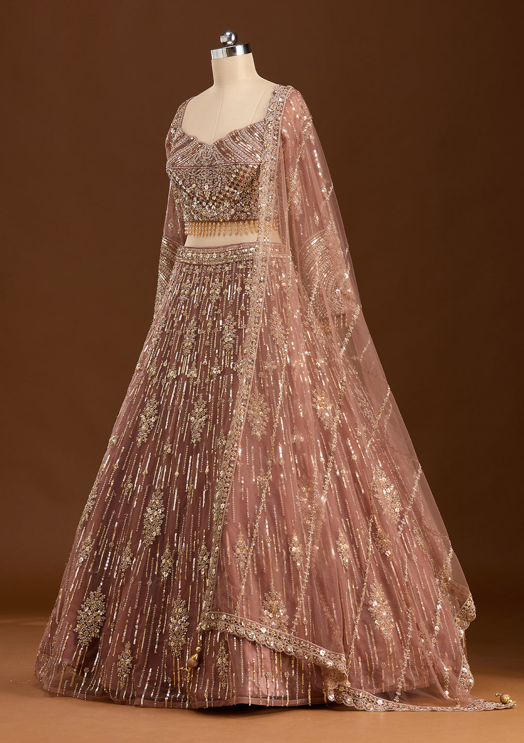 Brown Sequins Net Readymade Lehenga
