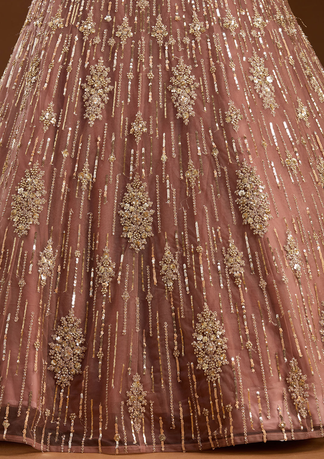 Brown Sequins Net Readymade Lehenga