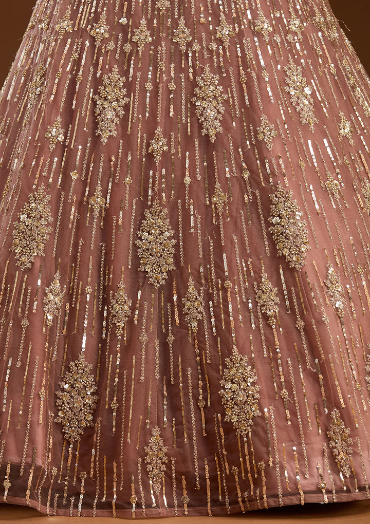 Brown Sequins Net Readymade Lehenga