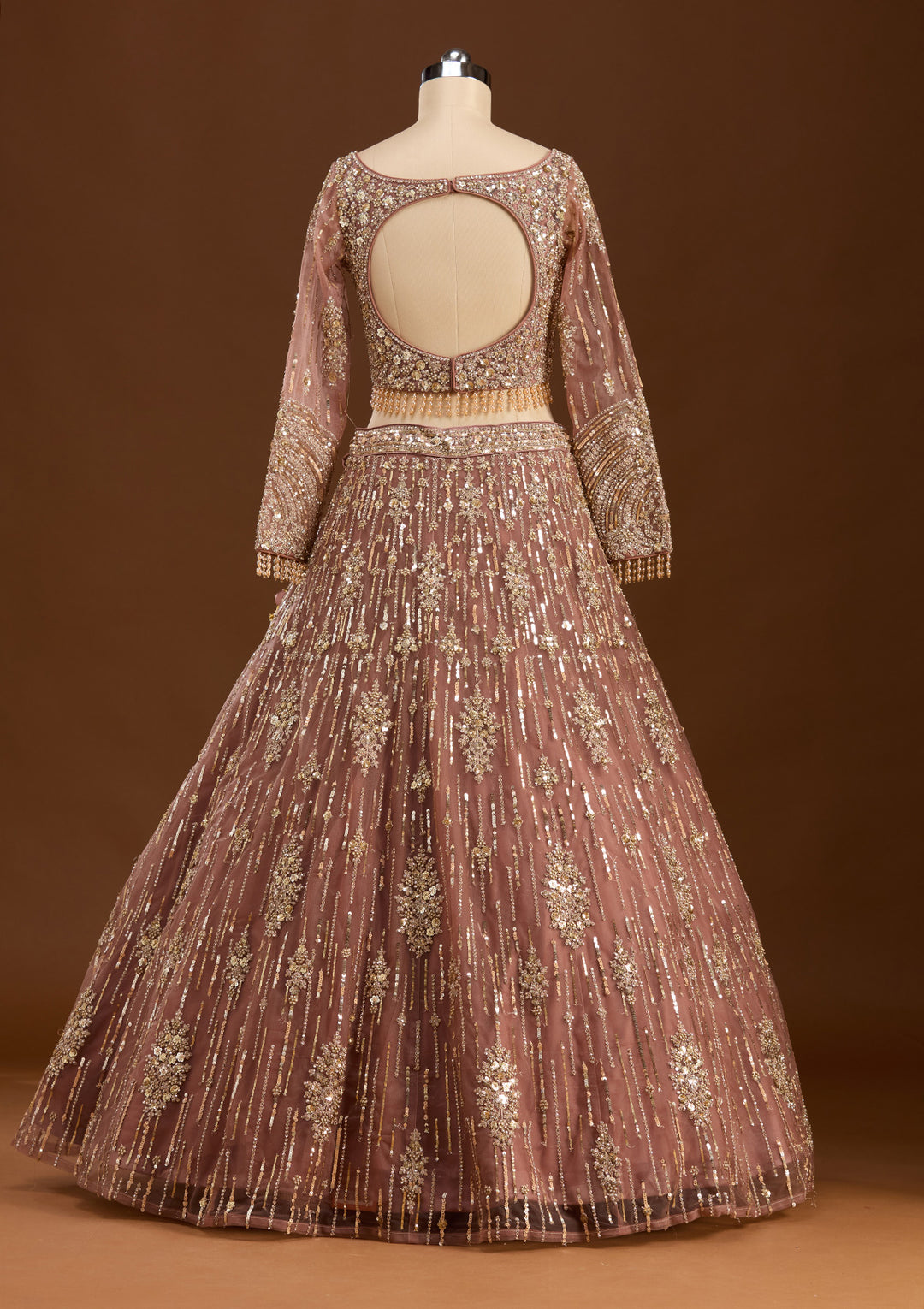 Brown Sequins Net Readymade Lehenga