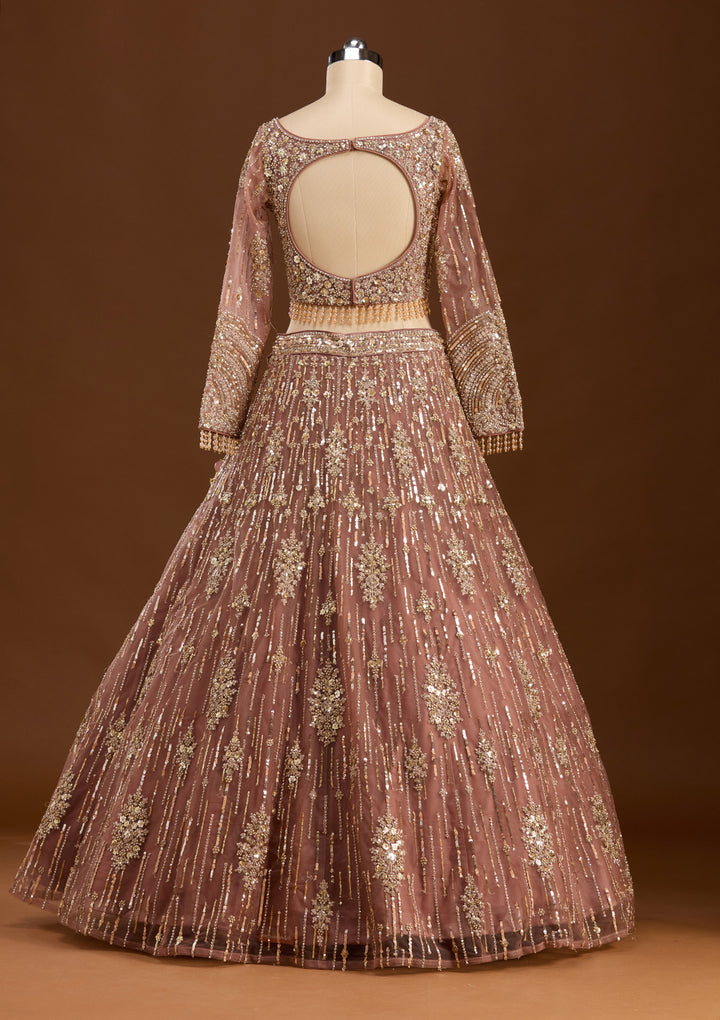 Brown Sequins Net Readymade Lehenga