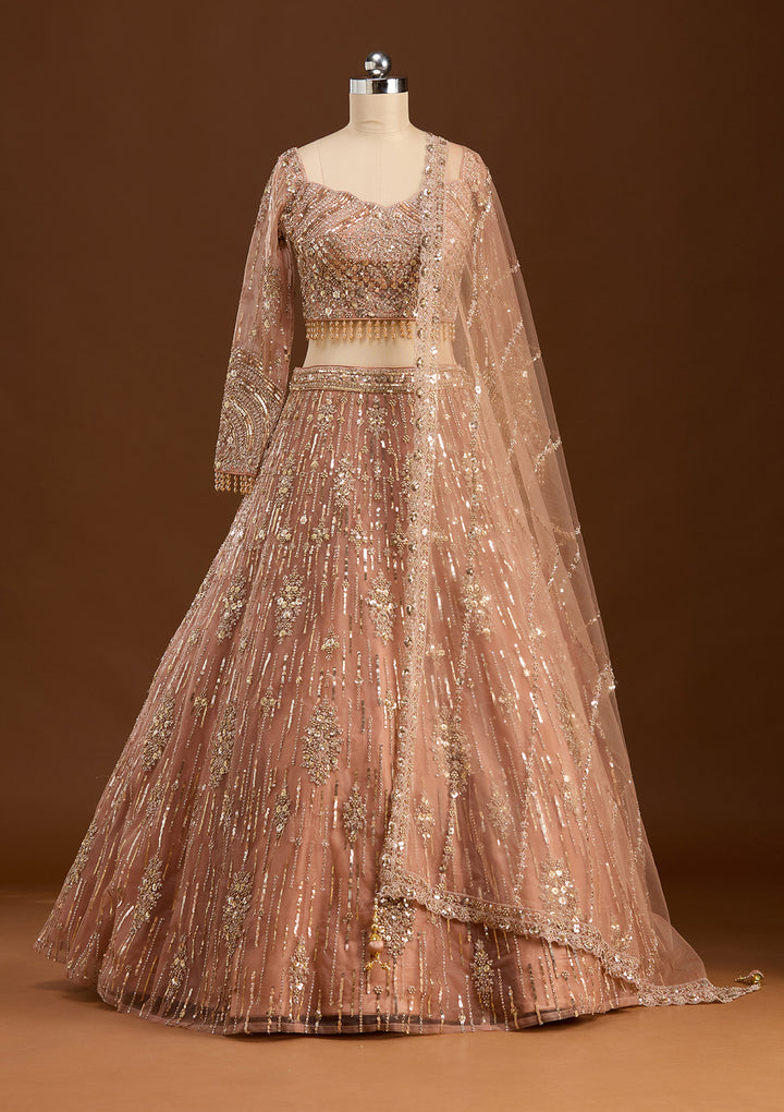 Peach Sequins Net Readymade Lehenga