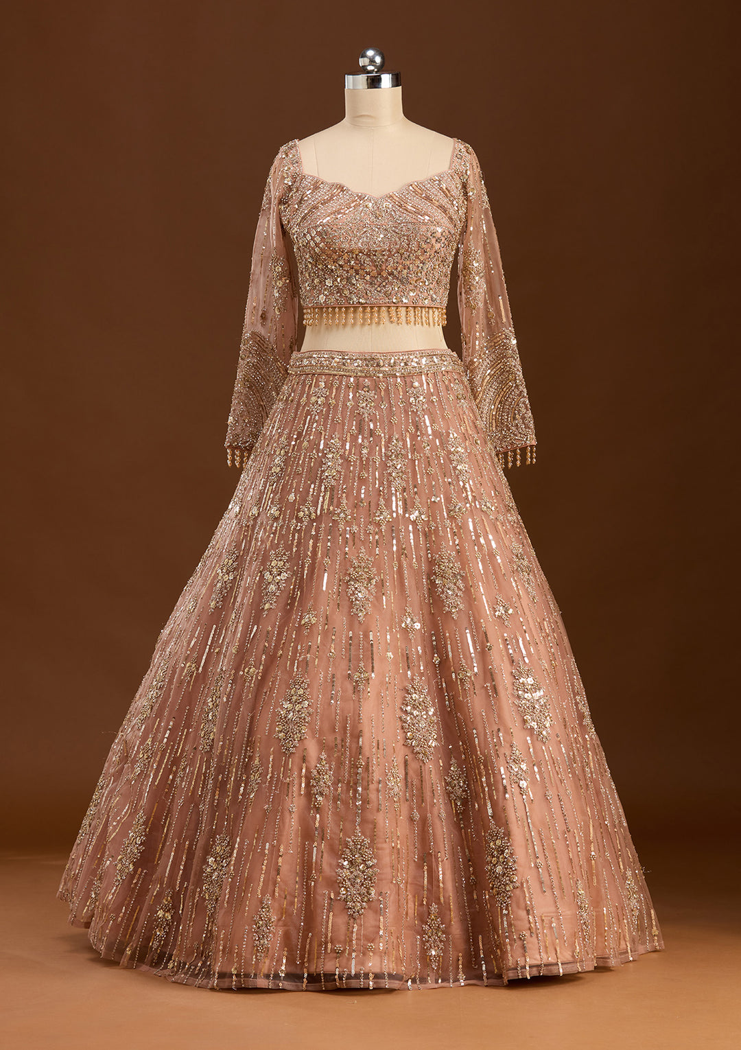 Peach Sequins Net Readymade Lehenga