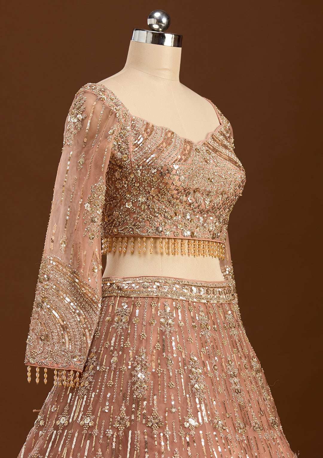 Peach Sequins Net Readymade Lehenga