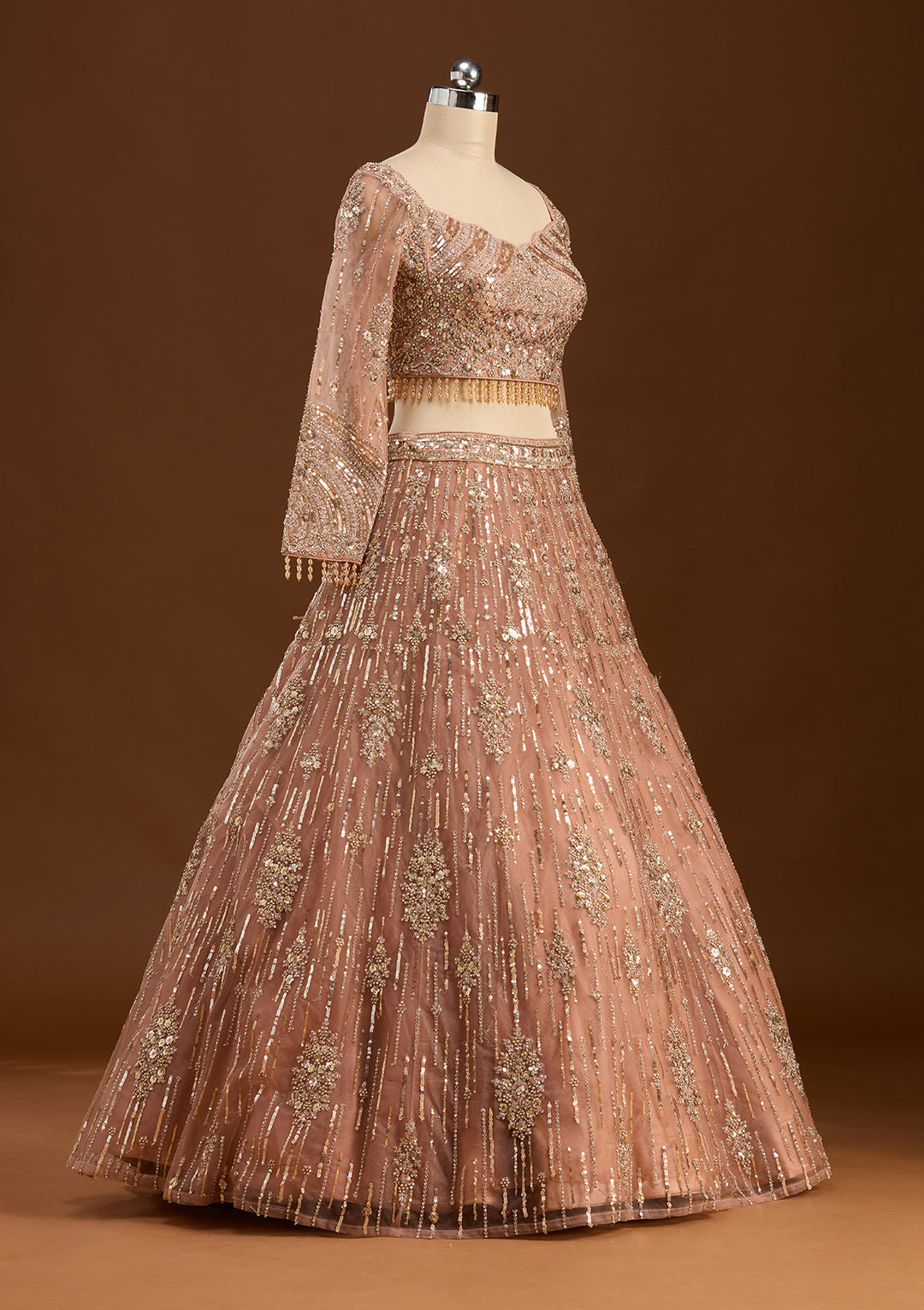 Peach Sequins Net Readymade Lehenga