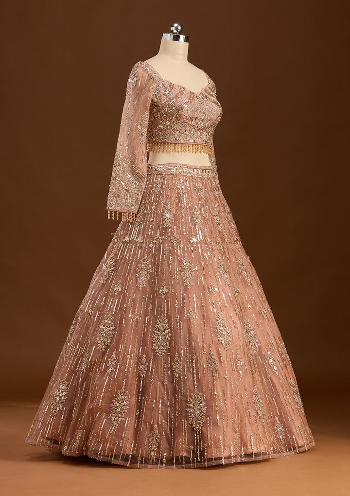 Peach Sequins Net Readymade Lehenga