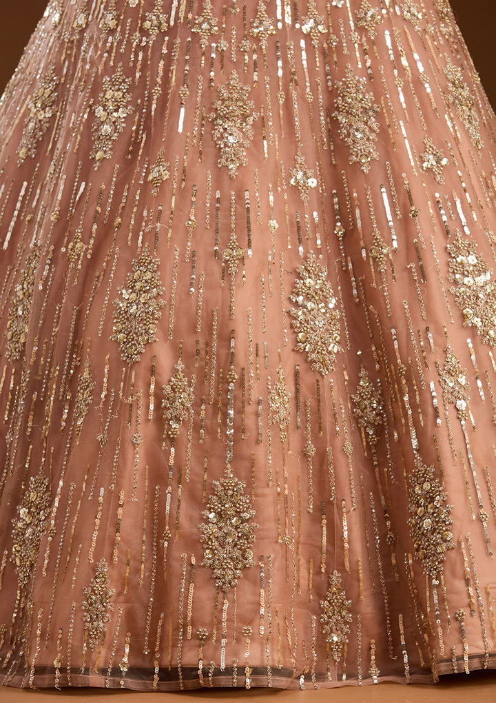 Peach Sequins Net Readymade Lehenga