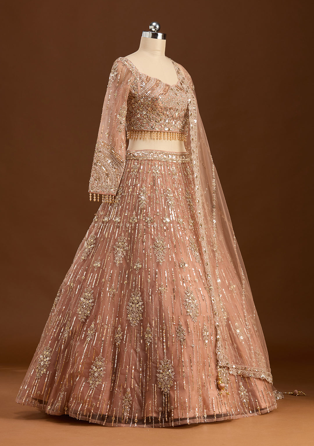 Peach Sequins Net Readymade Lehenga