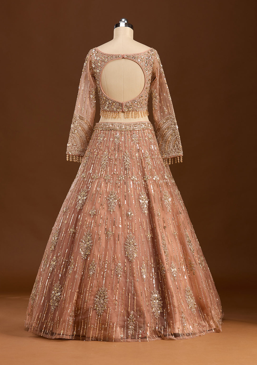 Peach Sequins Net Readymade Lehenga